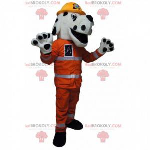 White and black dog mascot with an orange firefighter outfit -