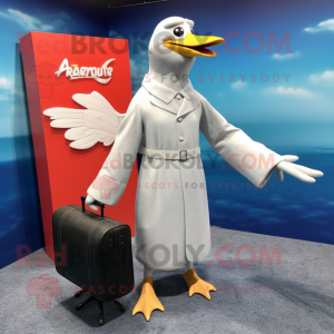 Silver Seagull mascot costume character dressed with a Shift Dress and Briefcases