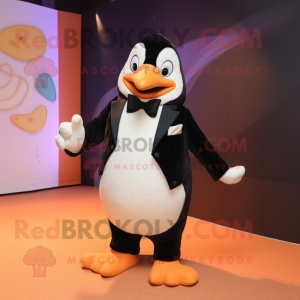 Peach Penguin mascot costume character dressed with a Tuxedo and Hair clips
