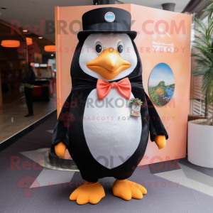 Peach Penguin mascot costume character dressed with a Tuxedo and Hair clips