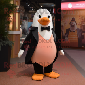 Peach Penguin mascot costume character dressed with a Tuxedo and Hair clips