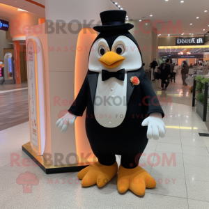 Peach Penguin mascot costume character dressed with a Tuxedo and Hair clips