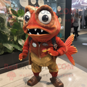 Rust Piranha mascot costume character dressed with a Coat and Cufflinks
