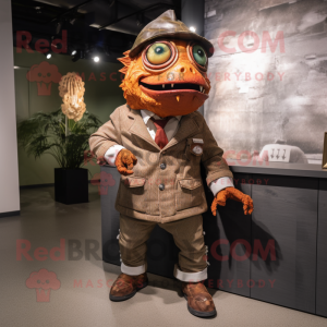 Rust Piranha mascot costume character dressed with a Coat and Cufflinks