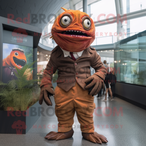 Rust Piranha mascot costume character dressed with a Coat and Cufflinks