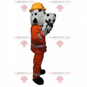 White and black dog mascot with an orange firefighter outfit -