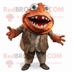 Rust Piranha mascot costume character dressed with a Coat and Cufflinks