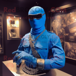 Blue Gi Joe mascot costume character dressed with a Wrap Skirt and Necklaces