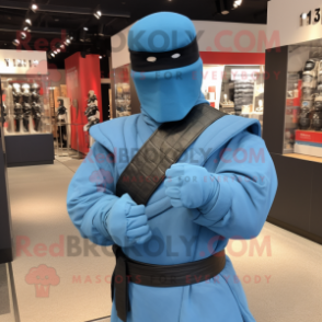 Blue Gi Joe mascot costume character dressed with a Wrap Skirt and Necklaces