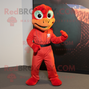 Red Lizard mascot costume character dressed with a Jumpsuit and Anklets