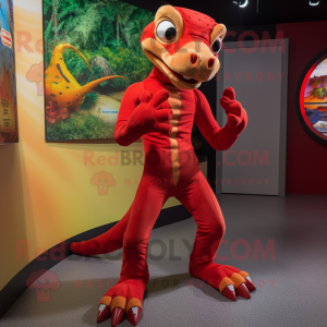 Red Lizard mascot costume character dressed with a Jumpsuit and Anklets