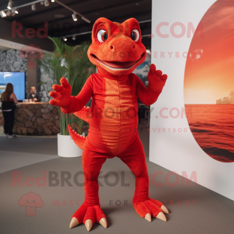 Red Lizard mascot costume character dressed with a Jumpsuit and Anklets