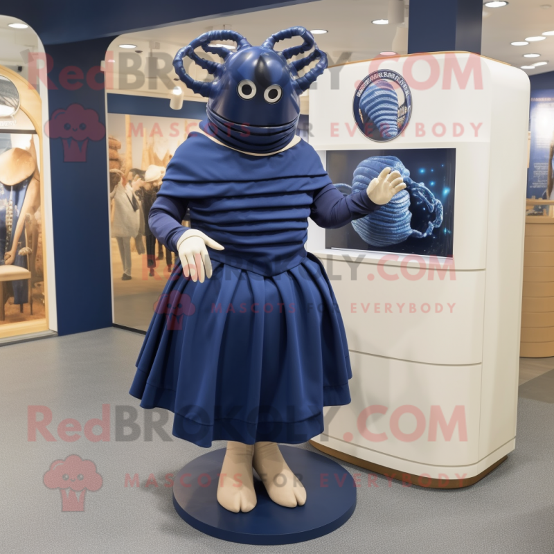 Navy Trilobite mascot costume character dressed with a Midi Dress and Shoe clips