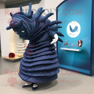 Navy Trilobite mascot costume character dressed with a Midi Dress and Shoe clips