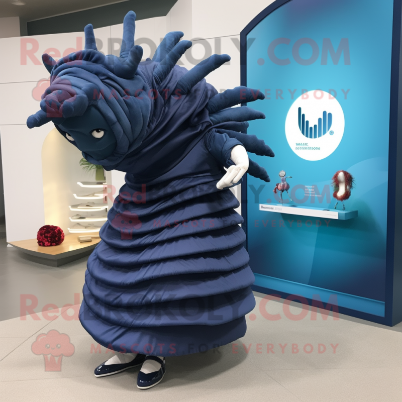 Navy Trilobite mascot costume character dressed with a Midi Dress and Shoe clips Navy Trilobite mascot costume character dressed with a Midi Dress and Shoe clips