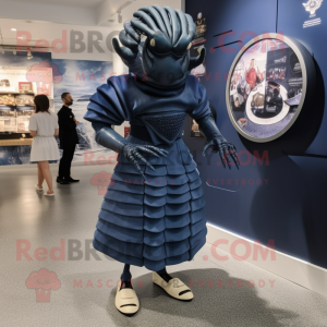Navy Trilobite mascot costume character dressed with a Midi Dress and Shoe clips