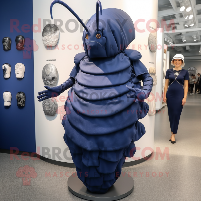 Navy Trilobite mascot costume character dressed with a Midi Dress and Shoe clips Navy Trilobite mascot costume character dressed with a Midi Dress and Shoe clips