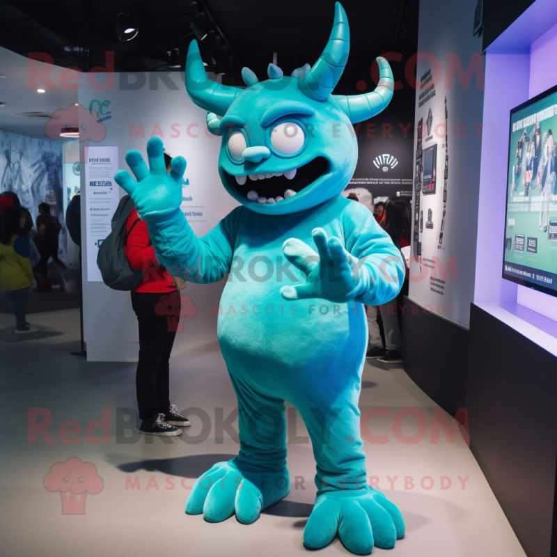 Cyan Devil mascot costume character dressed with a Graphic Tee and Watches