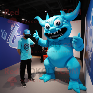 Cyan Devil mascot costume character dressed with a Graphic Tee and Watches