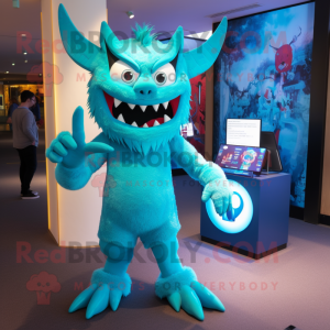 Cyan Devil mascot costume character dressed with a Graphic Tee and Watches