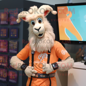 Peach Goat mascot costume character dressed with a T-Shirt and Digital watches