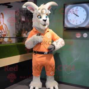 Peach Goat mascot costume character dressed with a T-Shirt and Digital watches