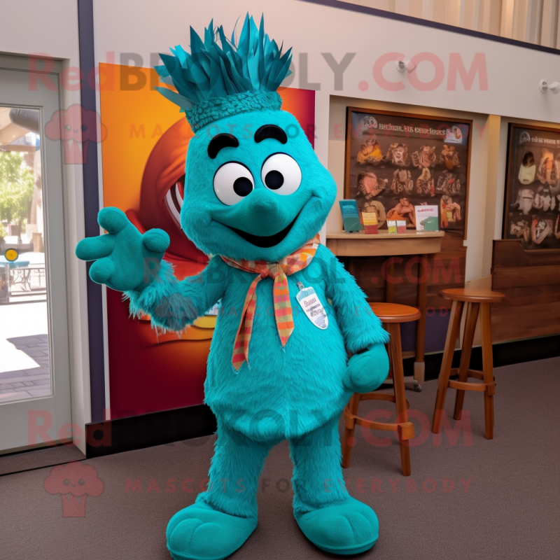 Teal Goulash mascot costume character dressed with a Romper and Tie pins