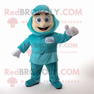 Teal Goulash mascot costume character dressed with a Romper and Tie pins