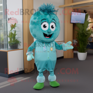 Teal Goulash mascot costume character dressed with a Romper and Tie pins