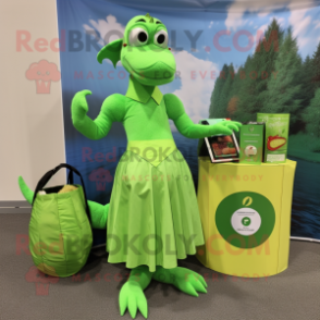 Lime Green Hydra mascot costume character dressed with a Circle Skirt and Tote bags