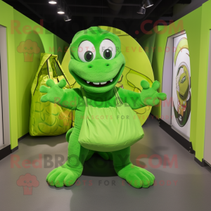 Lime Green Hydra mascot costume character dressed with a Circle Skirt and Tote bags