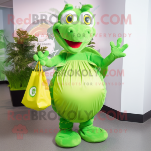 Lime Green Hydra mascot costume character dressed with a Circle Skirt and Tote bags