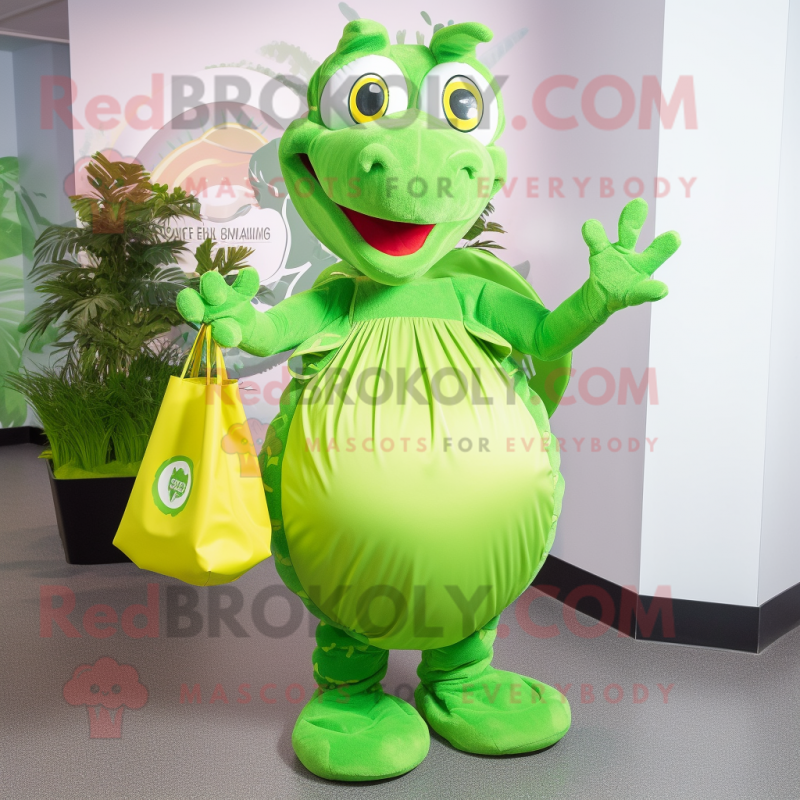 Lime Green Hydra mascot costume character dressed with a Circle Skirt and Tote bags
