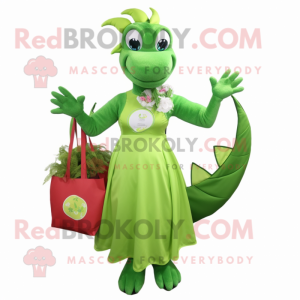 Lime Green Hydra mascot costume character dressed with a Circle Skirt and Tote bags