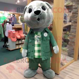 Forest Green Seal mascot costume character dressed with a Flannel Shirt and Keychains