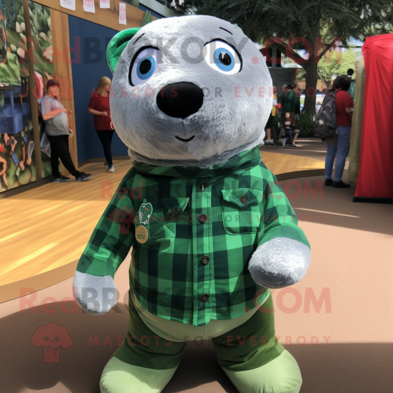 Forest Green Seal mascot costume character dressed with a Flannel Shirt and Keychains