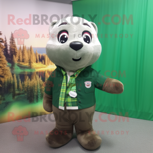 Forest Green Seal mascot costume character dressed with a Flannel Shirt and Keychains