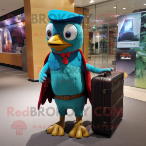 Turquoise Woodpecker mascot costume character dressed with a Playsuit and Briefcases