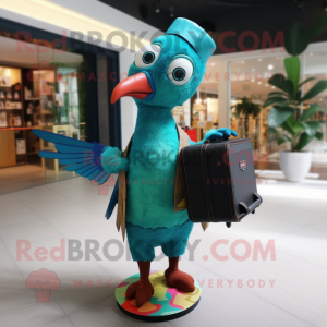 Turquoise Woodpecker mascot costume character dressed with a Playsuit and Briefcases