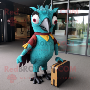 Turquoise Woodpecker mascot costume character dressed with a Playsuit and Briefcases