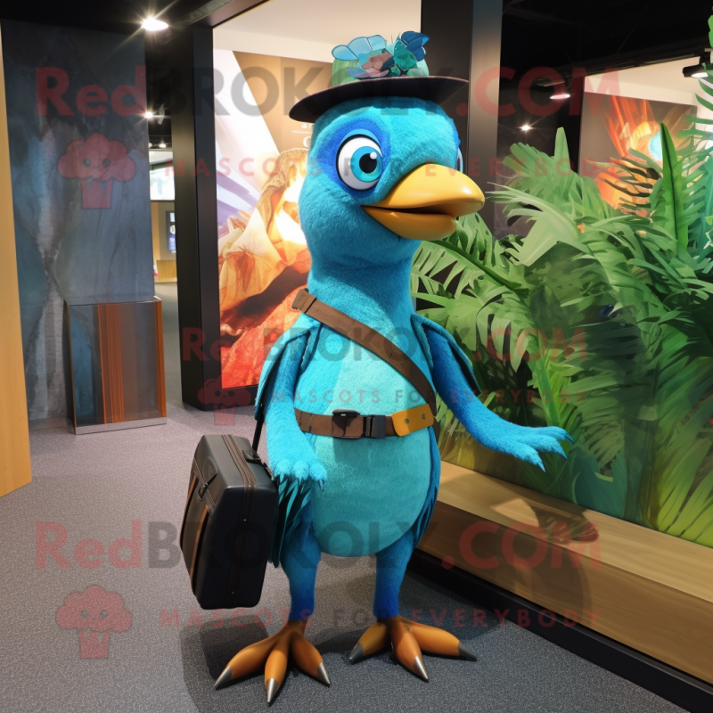 Turquoise Woodpecker mascot costume character dressed with a Playsuit and Briefcases