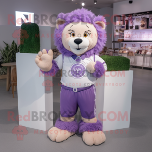 Lavender Lion mascot costume character dressed with a V-Neck Tee and Digital watches
