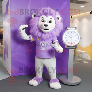 Lavender Lion mascot costume character dressed with a V-Neck Tee and Digital watches