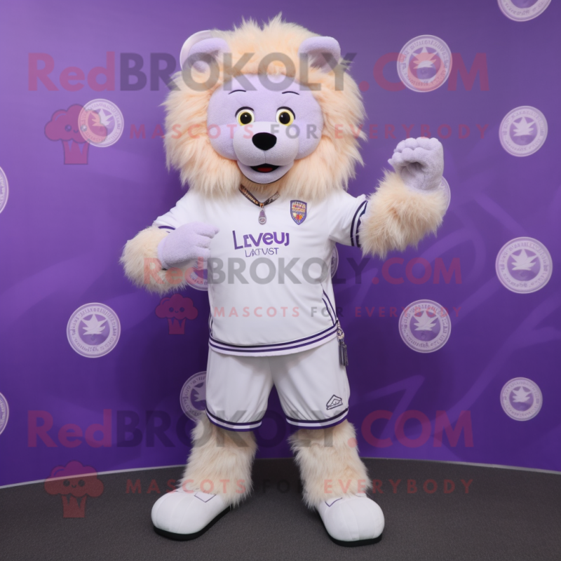 Lavender Lion mascot costume character dressed with a V-Neck Tee and Digital watches