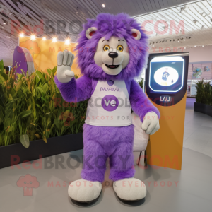 Lavender Lion mascot costume character dressed with a V-Neck Tee and Digital watches