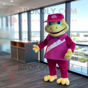 Magenta Turtle mascot costume character dressed with a Romper and Tie pins