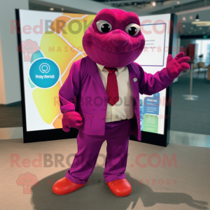 Magenta Turtle mascot costume character dressed with a Romper and Tie pins