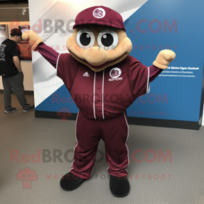 Maroon Baseball Ball mascot costume character dressed with a Jumpsuit and Bracelets