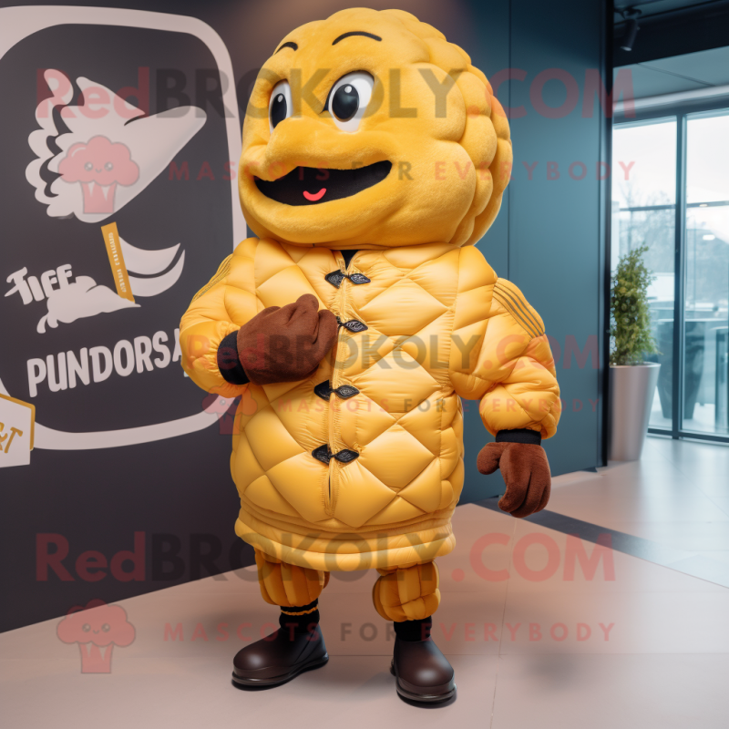 Yellow Croissant mascot costume character dressed with a Bomber Jacket and Gloves