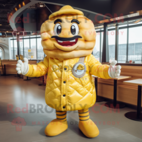 Yellow Croissant mascot costume character dressed with a Bomber Jacket and Gloves